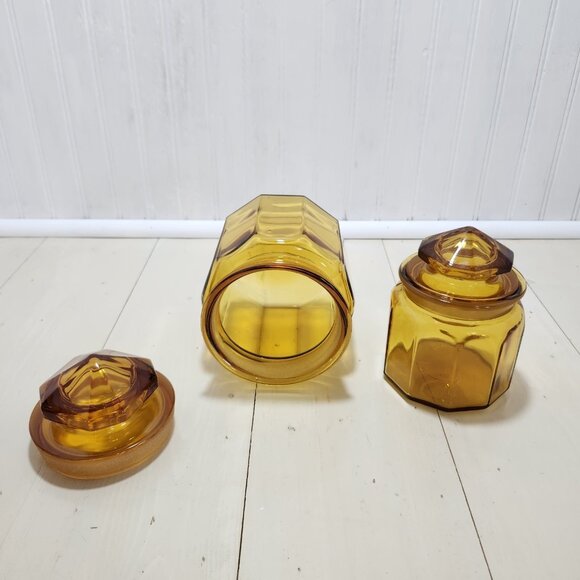 Vtg LE Smith 10 Panel Amber Glass Apothecary Lid Jar 5.25 & 7.25 Canister Set 2‎ - Picture 6 of 12